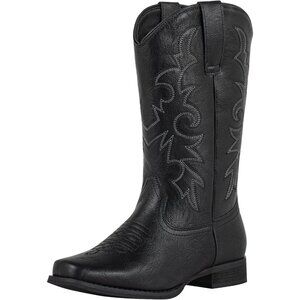 Black Women's Cowboy Square Toe Western Cowgirl Mid Wide Calf Embroidered Boots